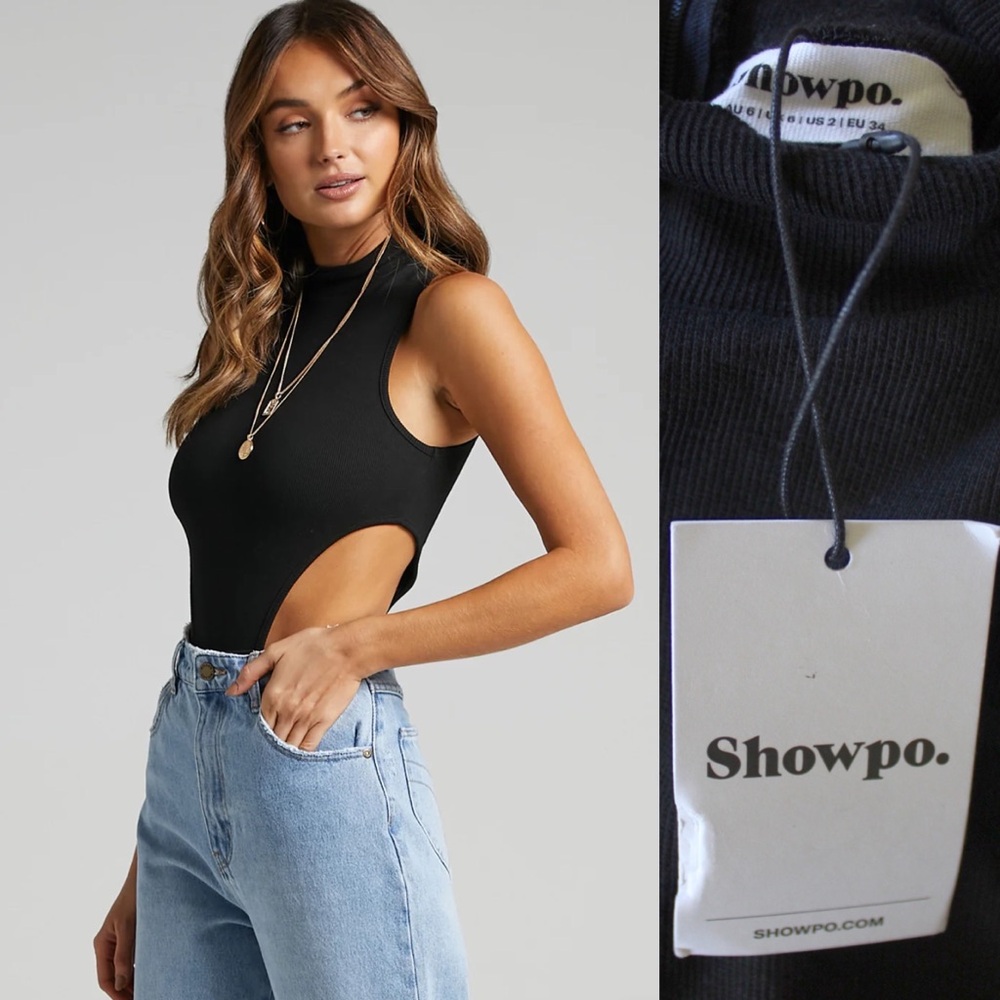 Showpo NWT Nuala Bodysuit High Neck Side Cut Out Bodysuit In Black Size 2